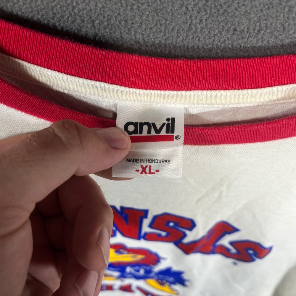 Anvil Kansas Jayhawks Ringer T-Shirt Mens XL White Red Vintage Collegiate - Picture 2 of 8